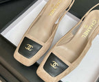 Chanel Slingback Heel Suede Beige Black Gold
