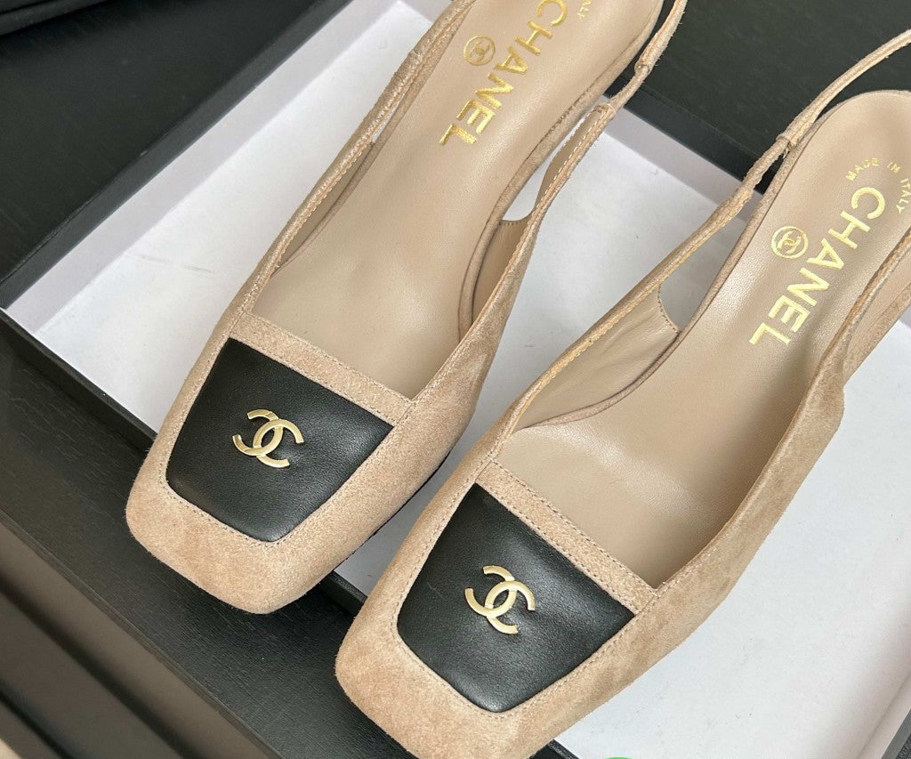 Chanel Slingback Heel Suede Beige Black Gold
