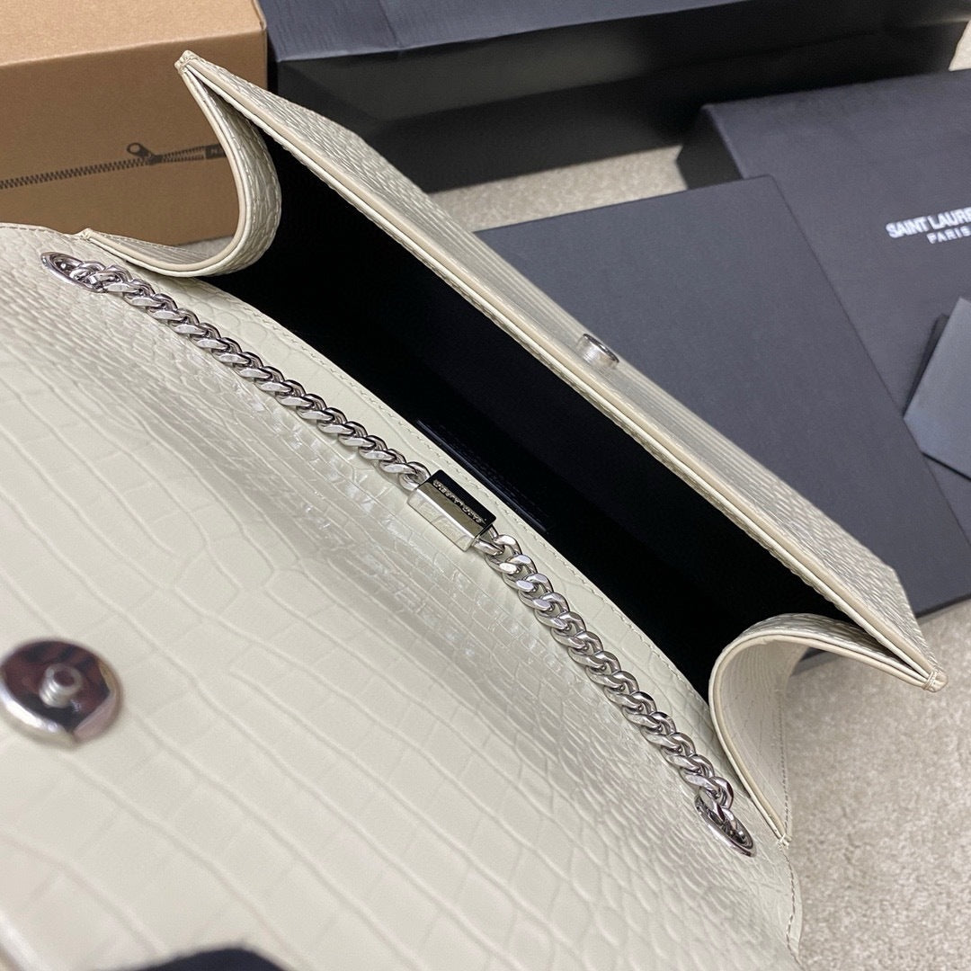 Saint Laurent Shoulder Bag Off-White Croc Ferragens Prata