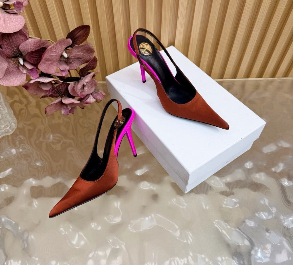 Saint Laurent Scarpin Slingback Deroche  Dark Ruggine & Fuchsia em  Crepe de Cetim