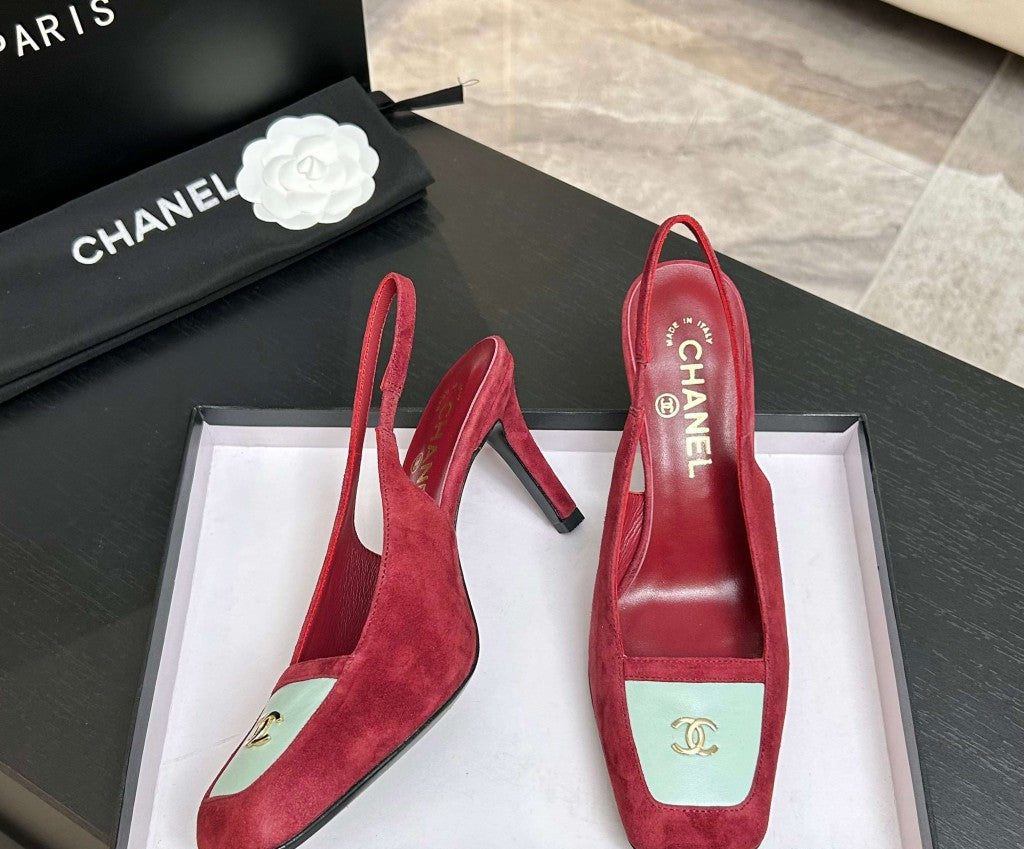 Chanel Slingback Heel Suede Pink White Gold