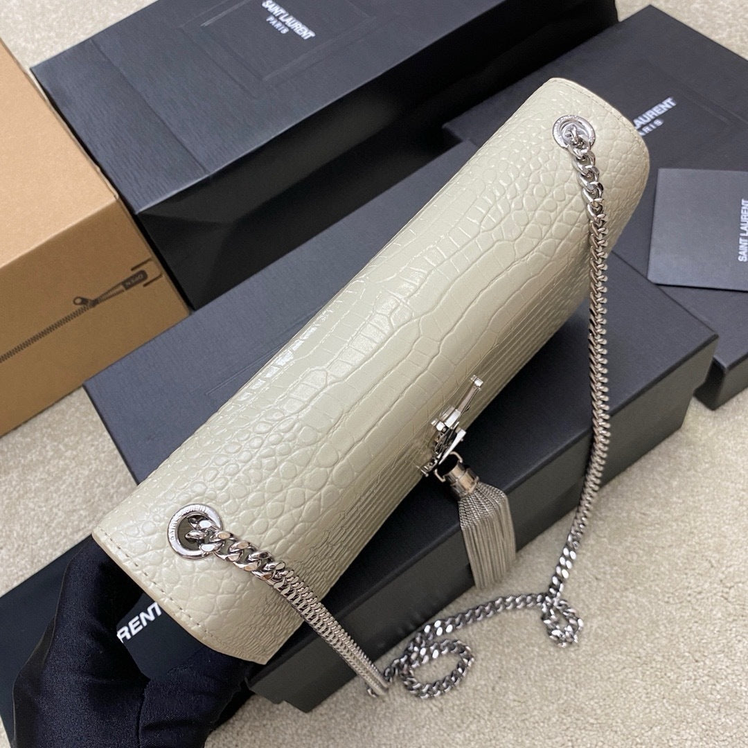 Saint Laurent Shoulder Bag Off-White Croc Ferragens Prata
