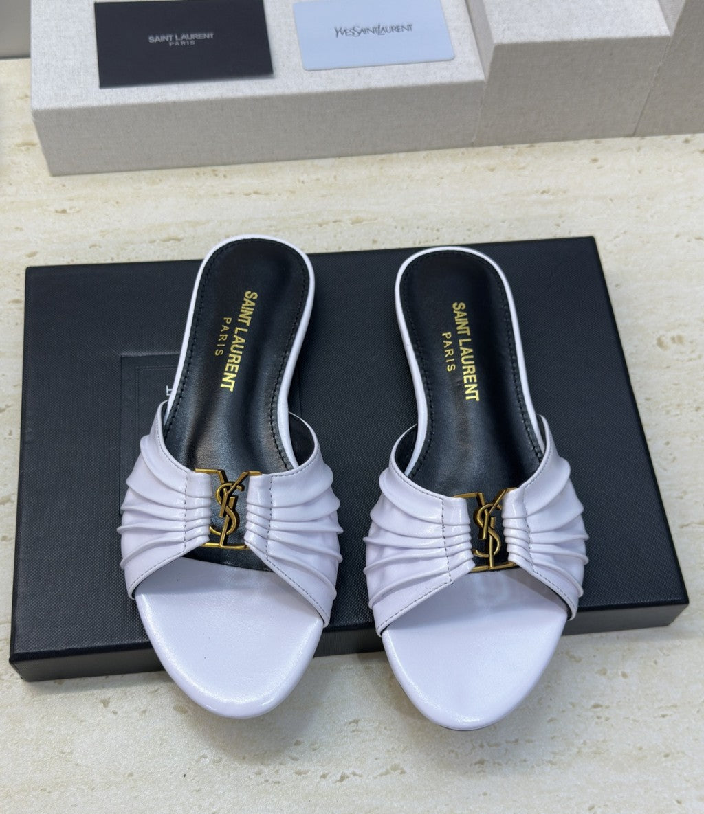 Saint Laurent Flat Slide Sandals White Gold
