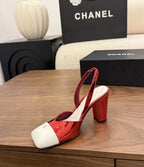 Chanel Slingback Block Heel  Metallic Red & White  Patent. Salto 9 cm.