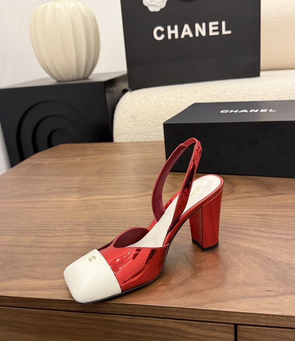 Chanel Slingback Block Heel  Metallic Red & White  Patent. Salto 9 cm.