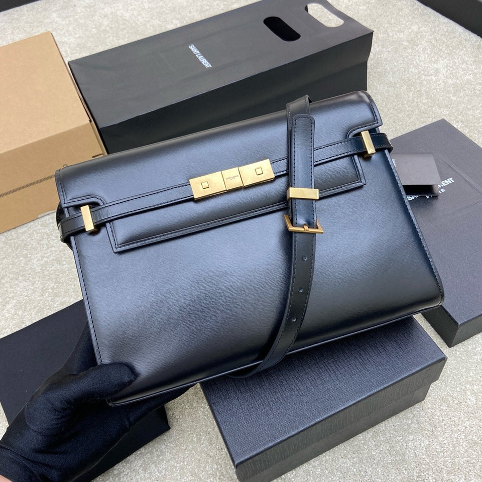 Saint Laurent Manhattan Small Shoulder Bag Black Ferragens Douradas