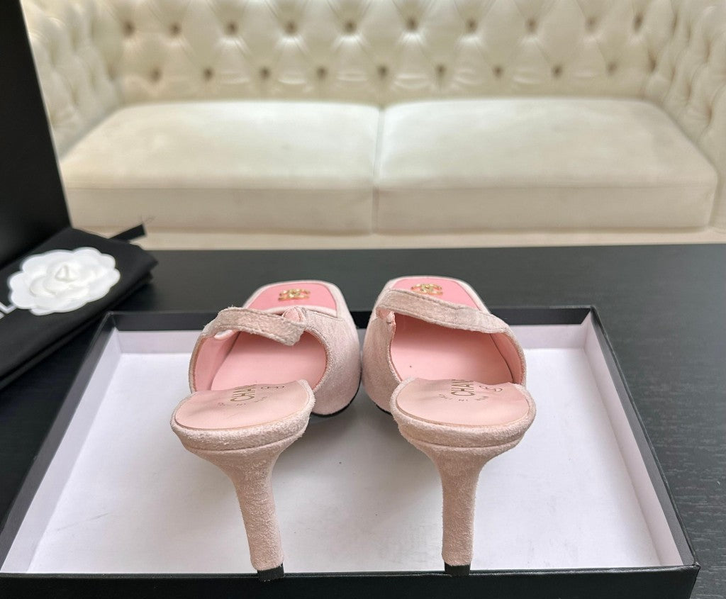 Chanel Slingback Heel Suede Light Pink Pink Gold