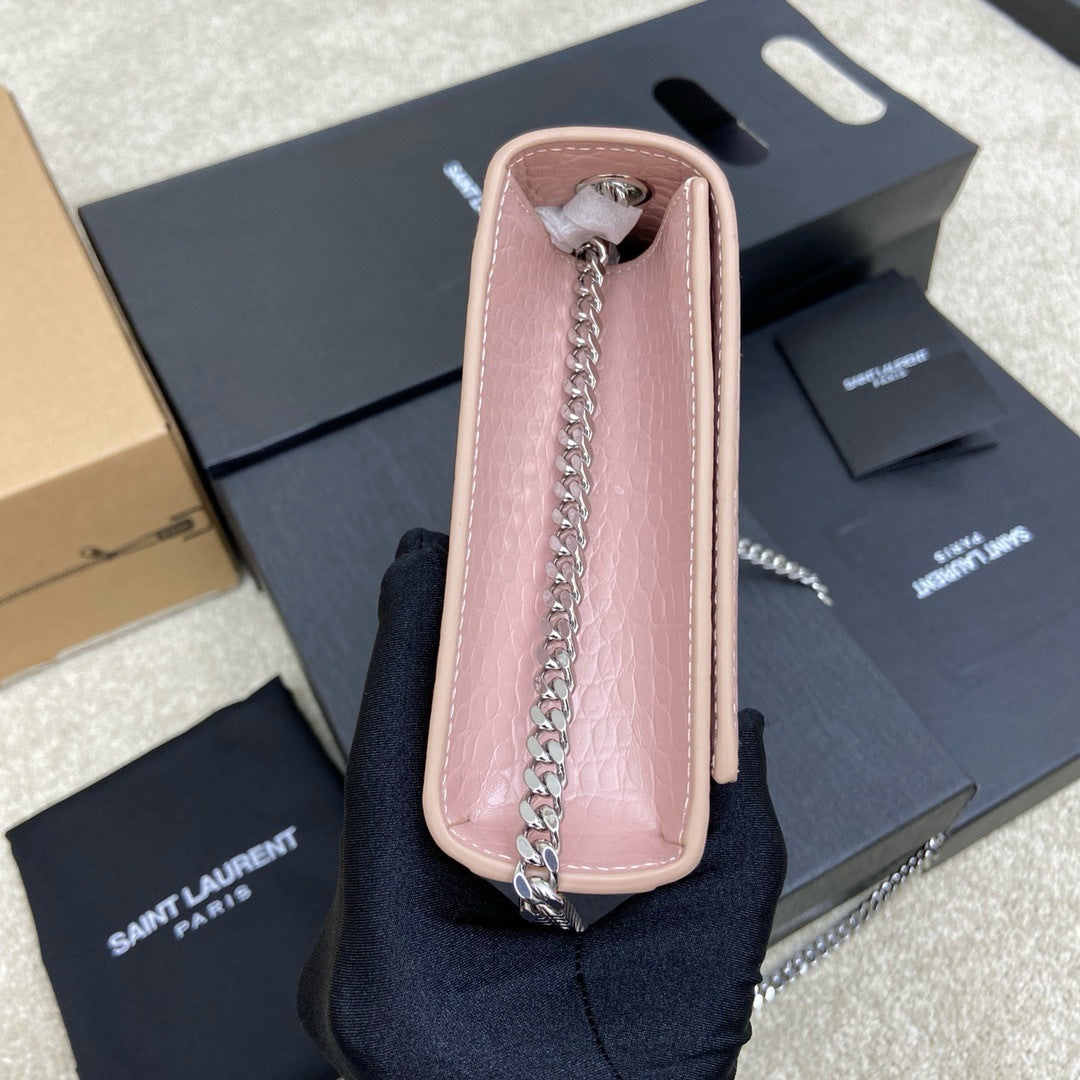 Saint Laurent Shoulder Bag Pink Blush Croc Ferragens Prata