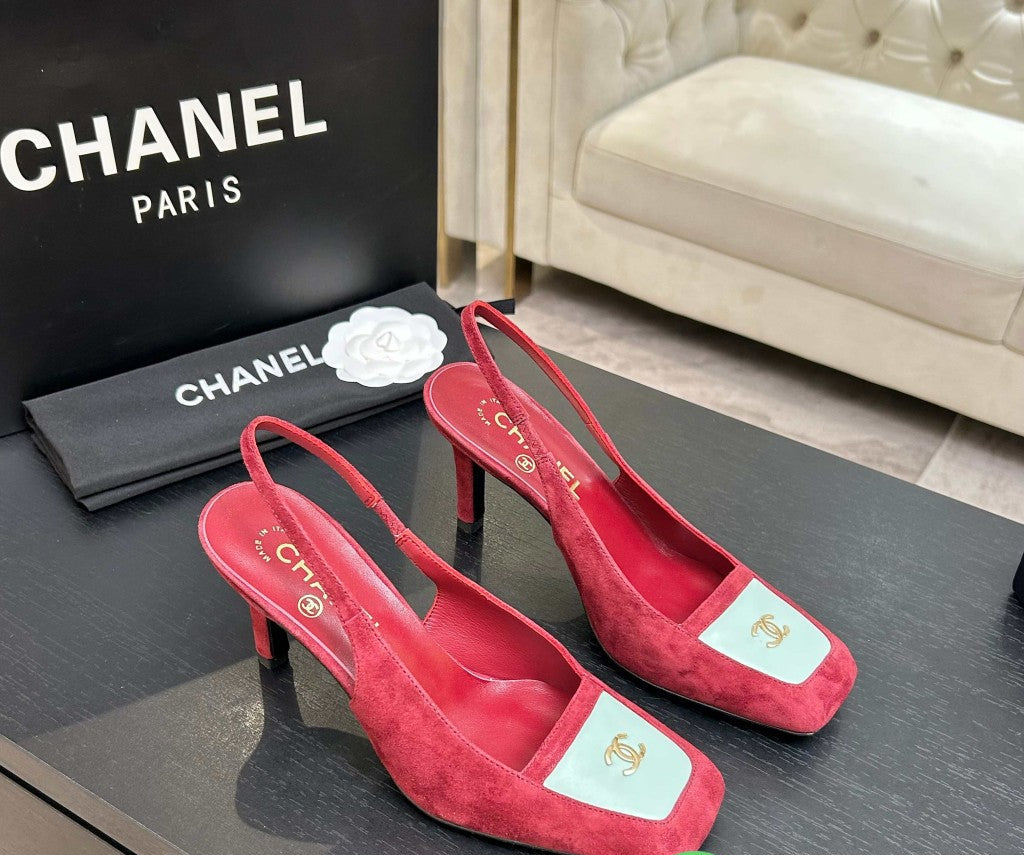 Chanel Slingback Heel Suede Pink White Gold
