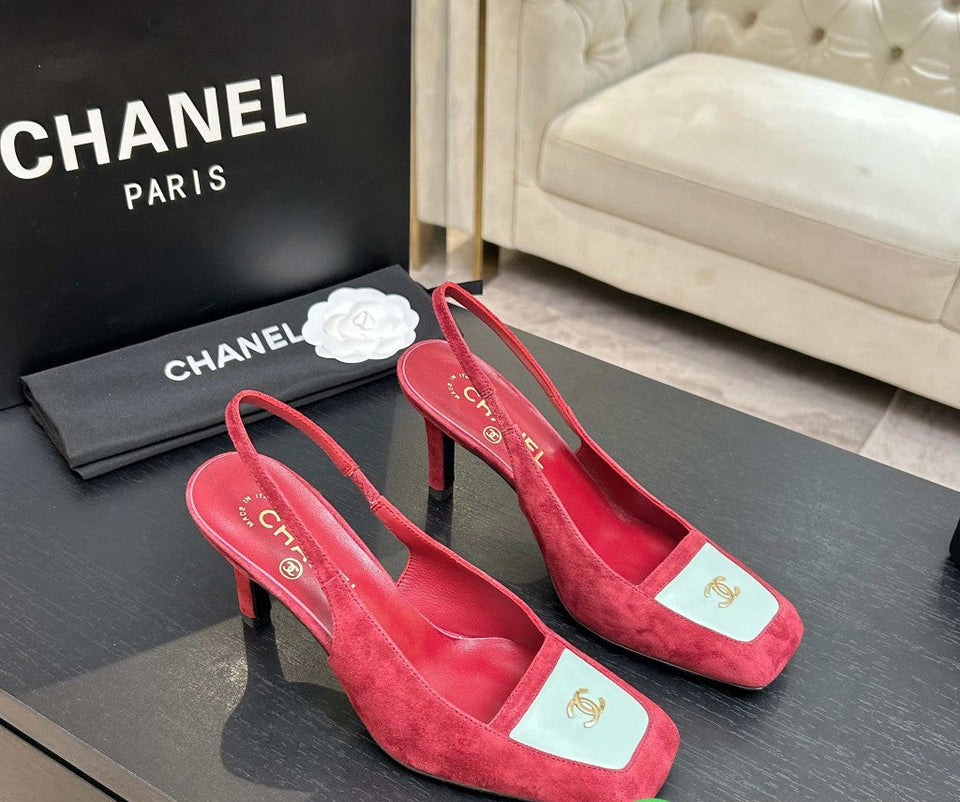 Chanel Slingback Heel Suede Pink White Gold