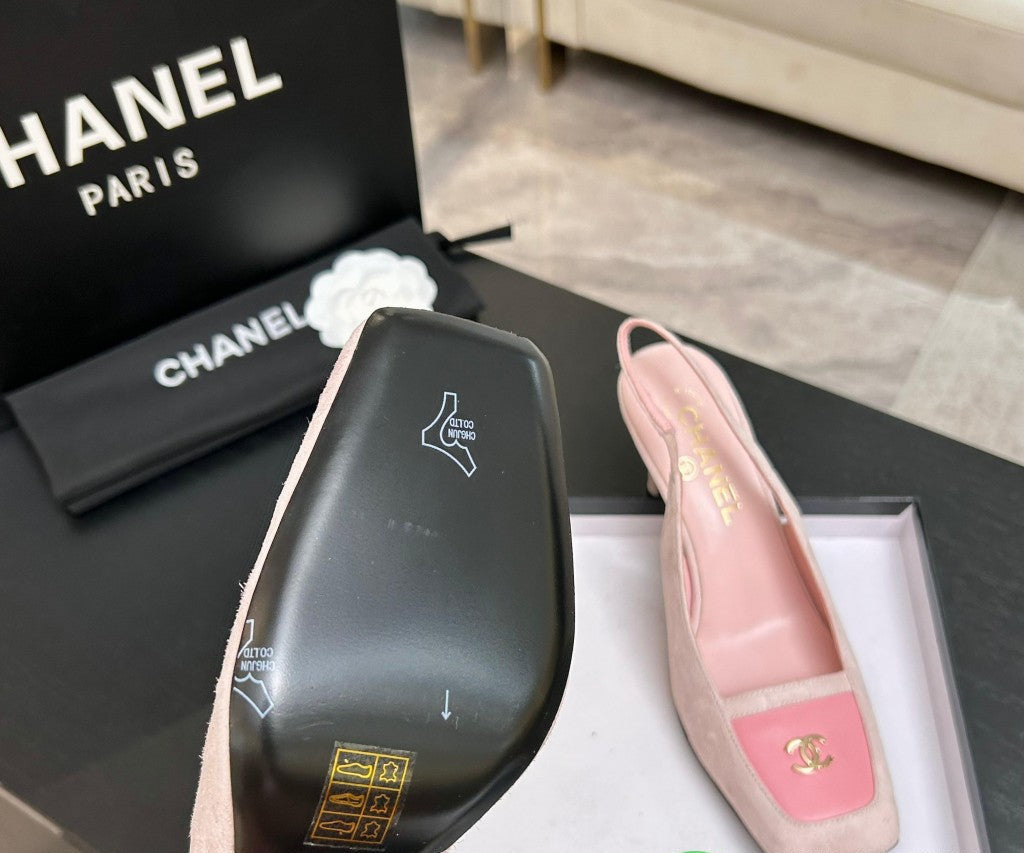 Chanel Slingback Heel Suede Light Pink Pink Gold