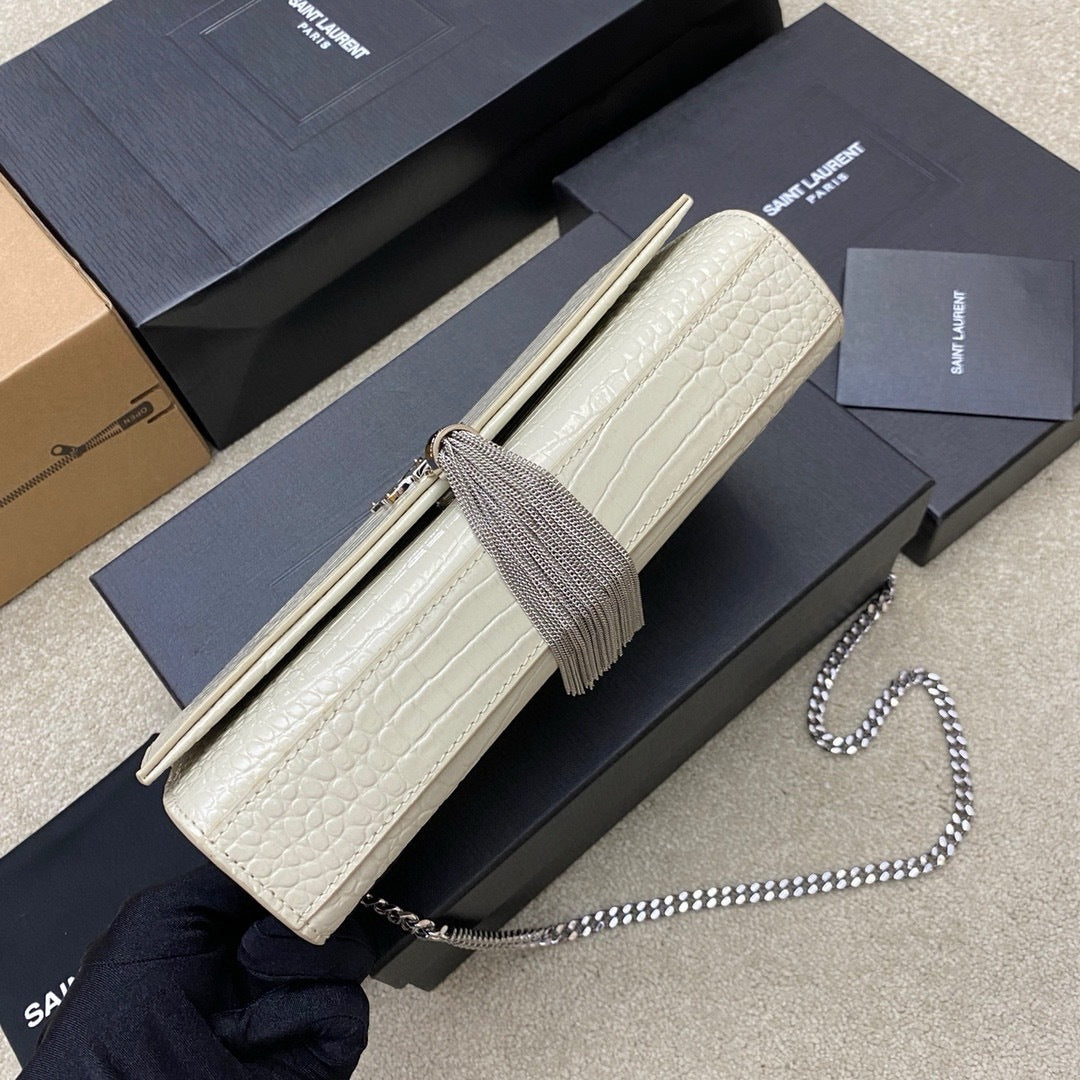 Saint Laurent Shoulder Bag Off-White Croc Ferragens Prata