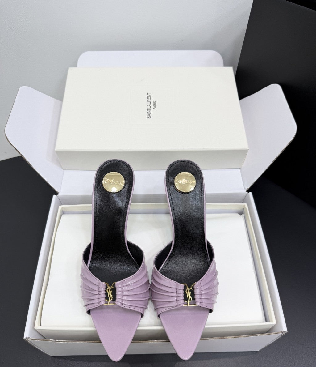Saint Laurent Babylone Ruched Mules in Leather Lilac