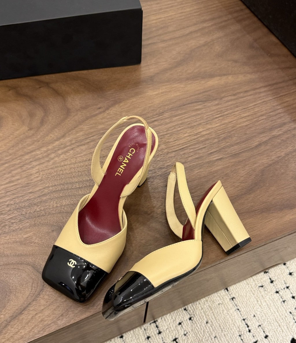 Chanel Slingback Block  Heel Nude & Black  Patent. Salto 9 cm.