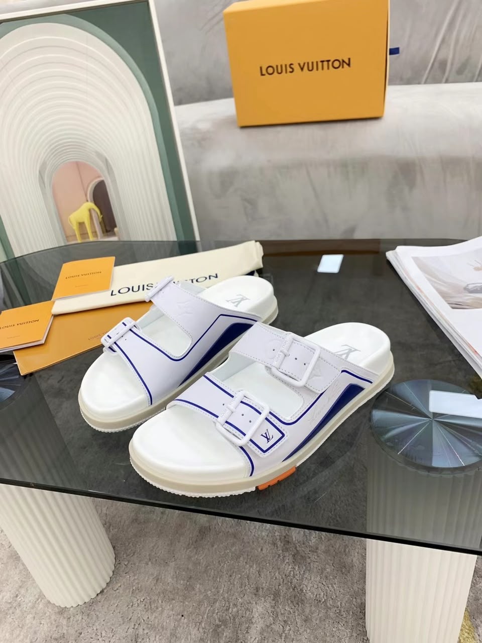 Sandália Louis Vuitton Trainer Mule White / Blue