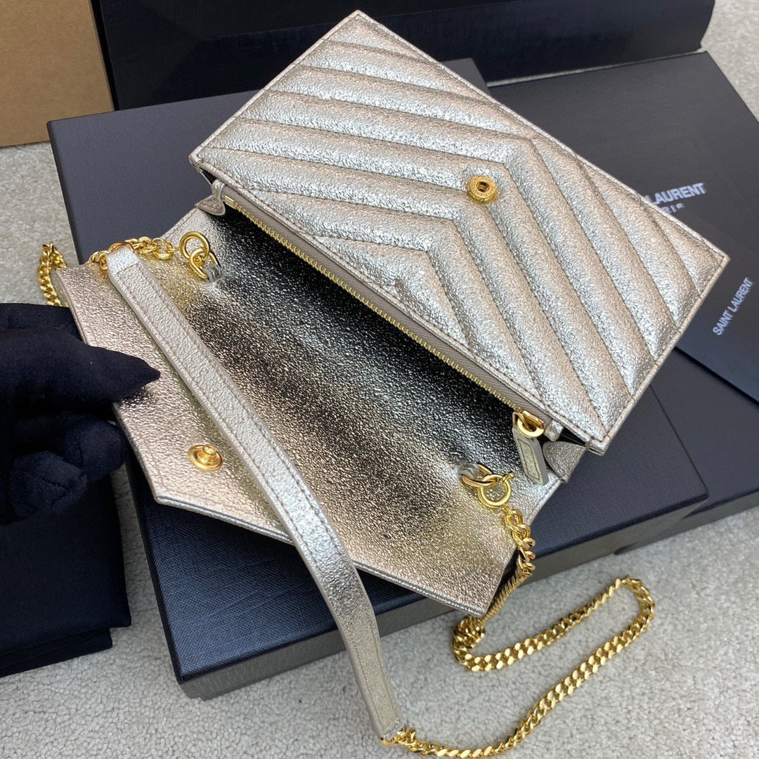 Saint Laurent Shoulder Bag Champagne Metalizado Ferragens Douradas