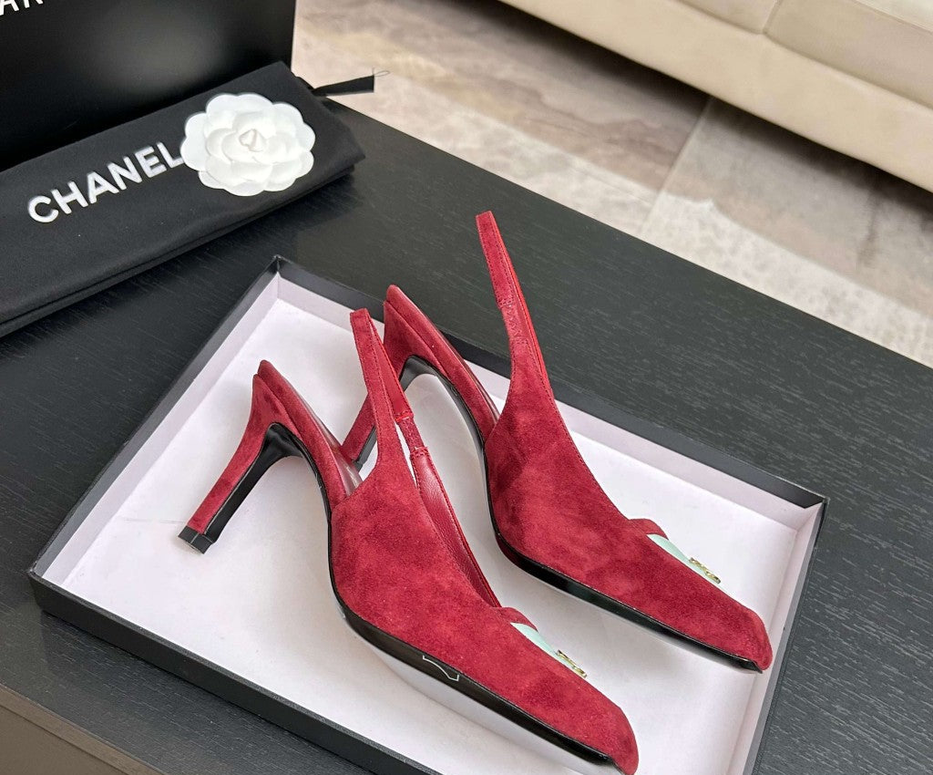 Chanel Slingback Heel Suede Pink White Gold