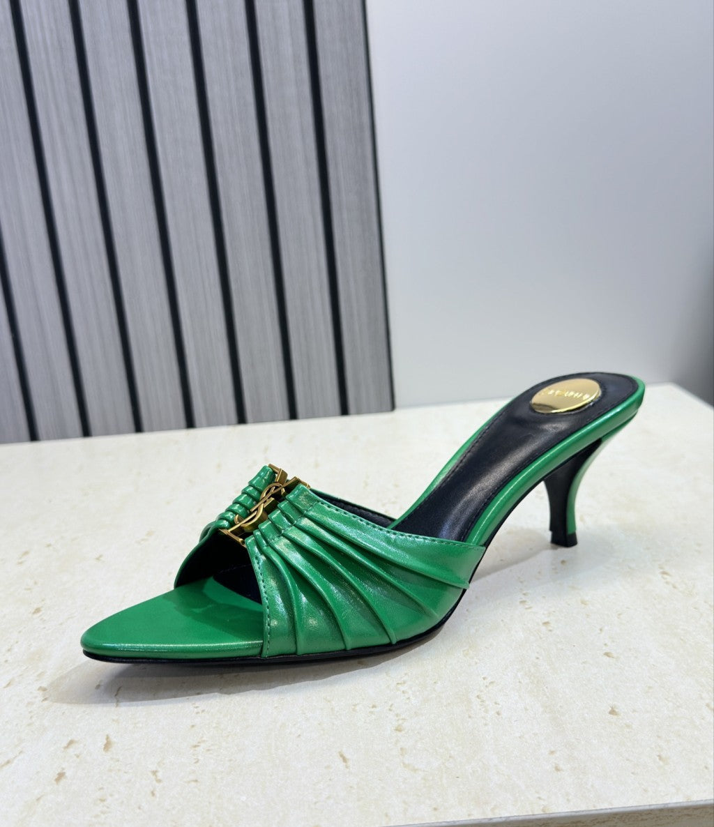 Saint Laurent Babylone Heeled Slide Sandals Green Gold