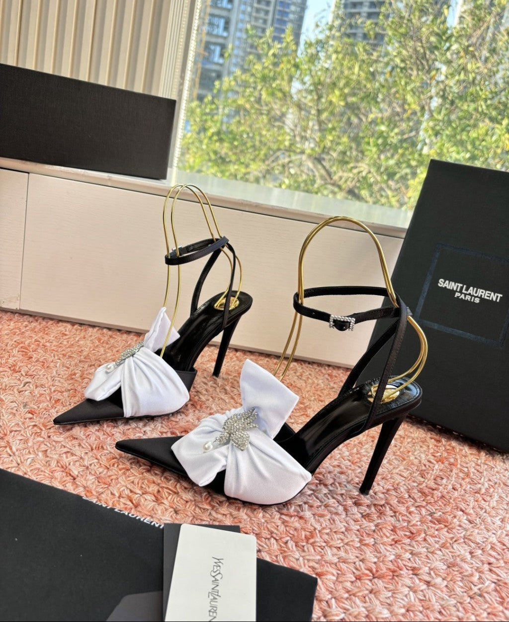 Saint Laurent Dove Sandals in Satin Crepe and Rhinestones Black / White