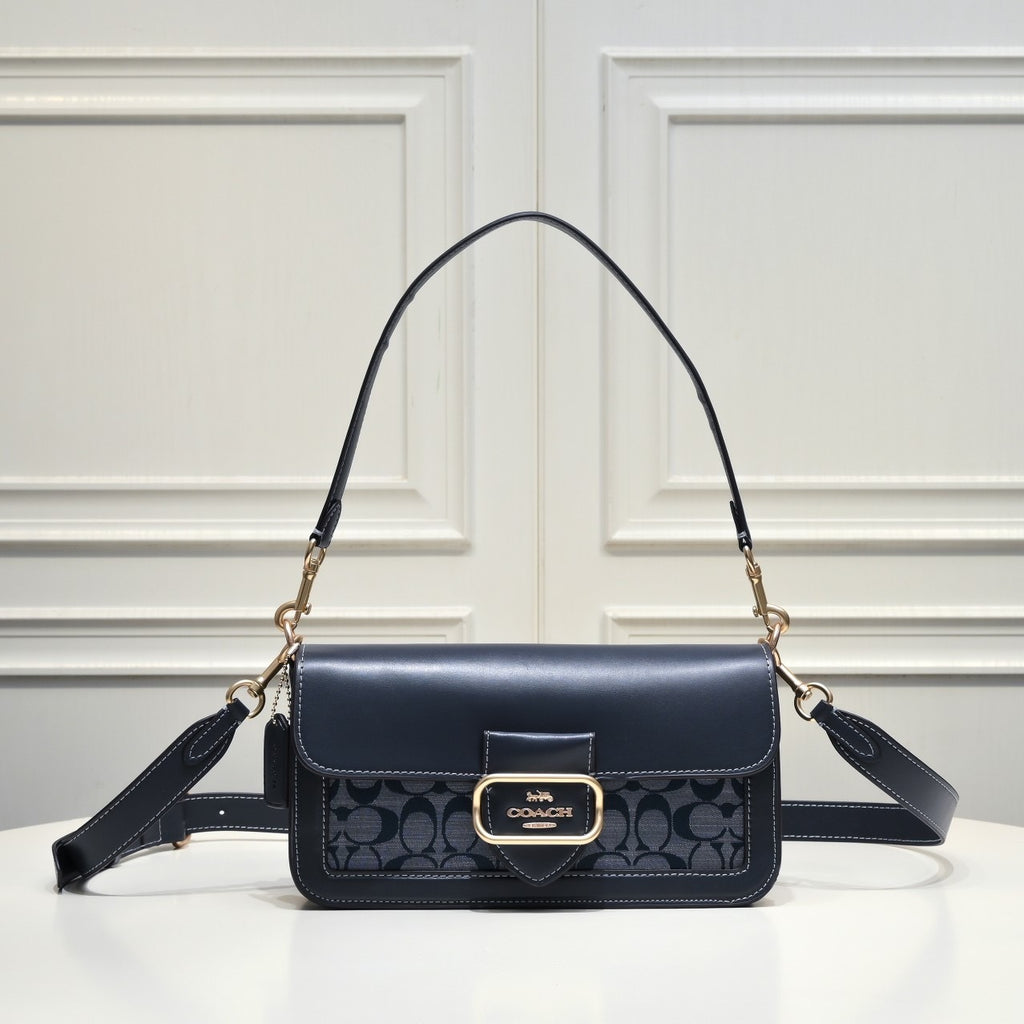 Coach Morgan Signature Shoulder Bag Azul Navy Ferragens Douradas