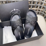 Prada Nylon Tape Crisscross Slides Black Leather ( Pronta entega )