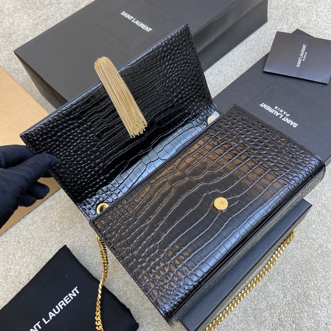 Saint Laurent Shoulder Bag Black Croc Ferragens Dourados