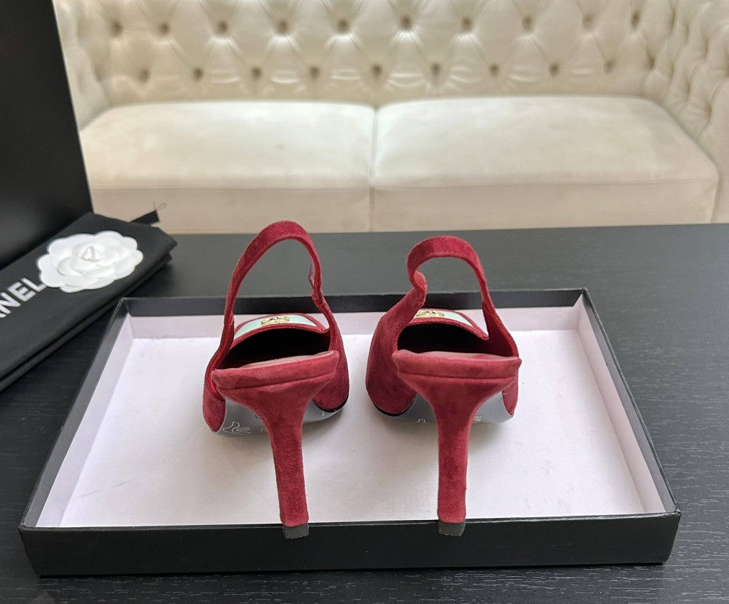 Chanel Slingback Heel Suede Pink White Gold