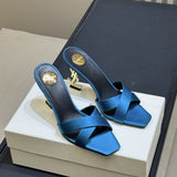 Saint Laurent  Mules Opyum Em Crepe De Cetim Azul Marinho