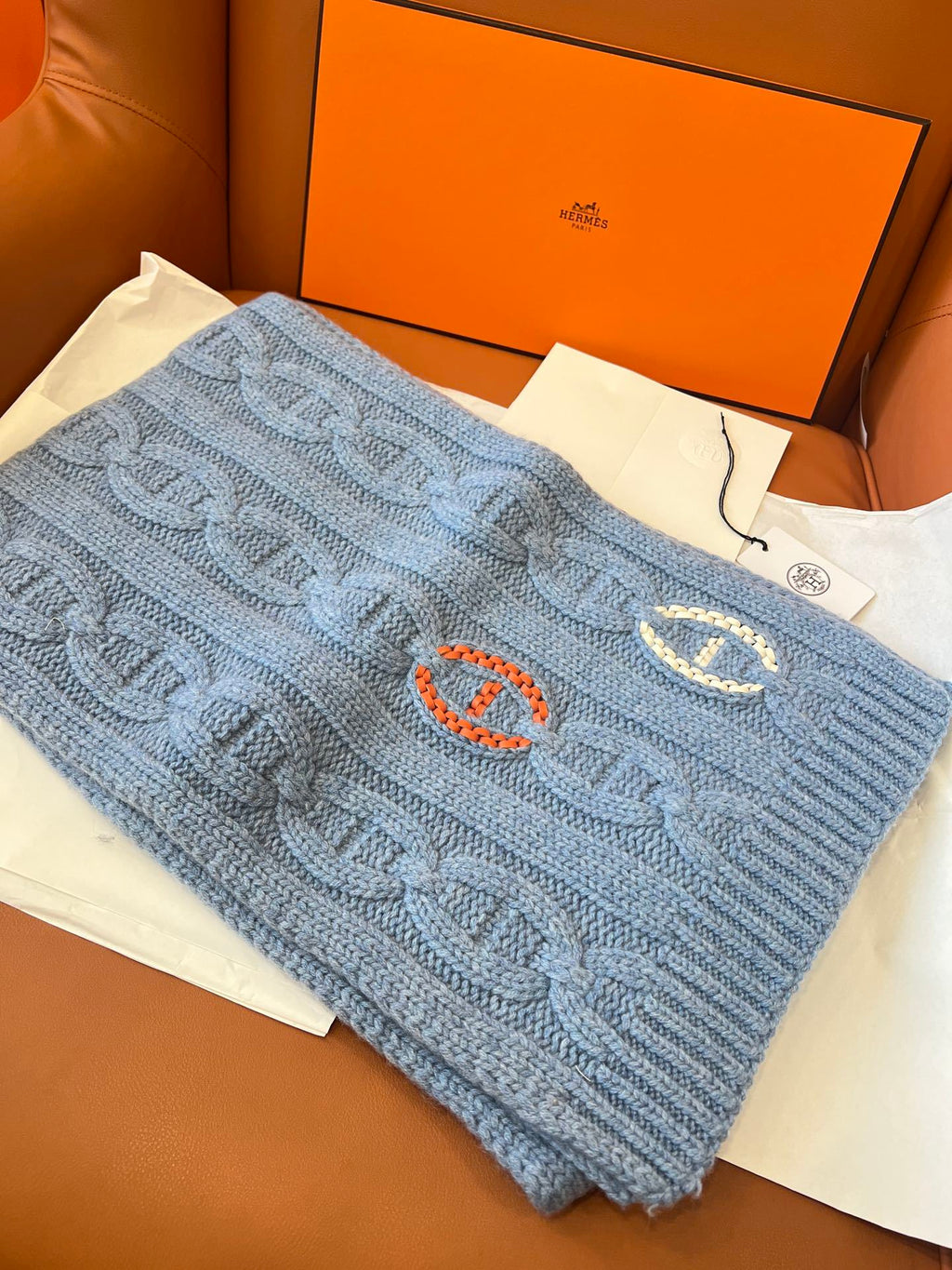 Cachecol Hermès Tri-Maillon Details Cuir Azul-Claro