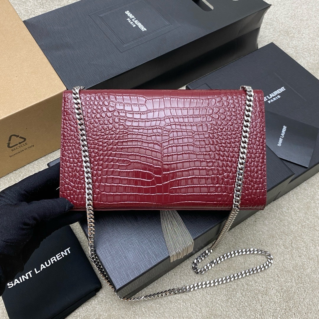 Saint Laurent Shoulder Bag Bordo Croc Ferragens Prata