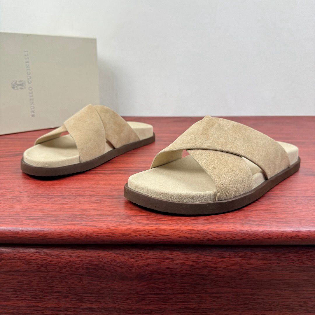 Brunello Cucinelli Slide De Camurça Com Tiras Cruzadas