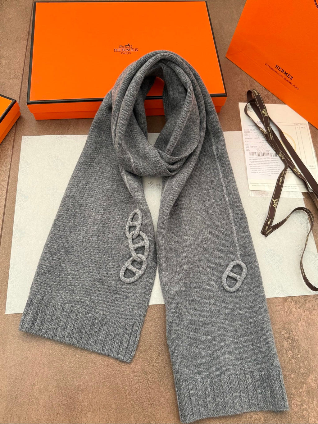 Cachecol Hermès Maillons Traces em Malha de Tricô Cinza-Mescla
