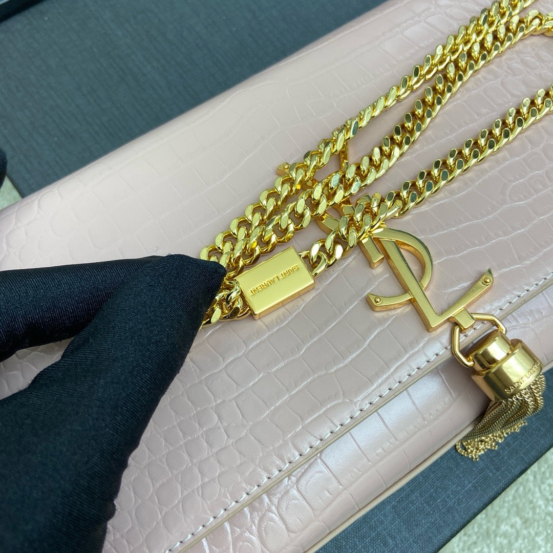 Saint Laurent Shoulder Bag Pink Blush Croc Ferragens Dourados