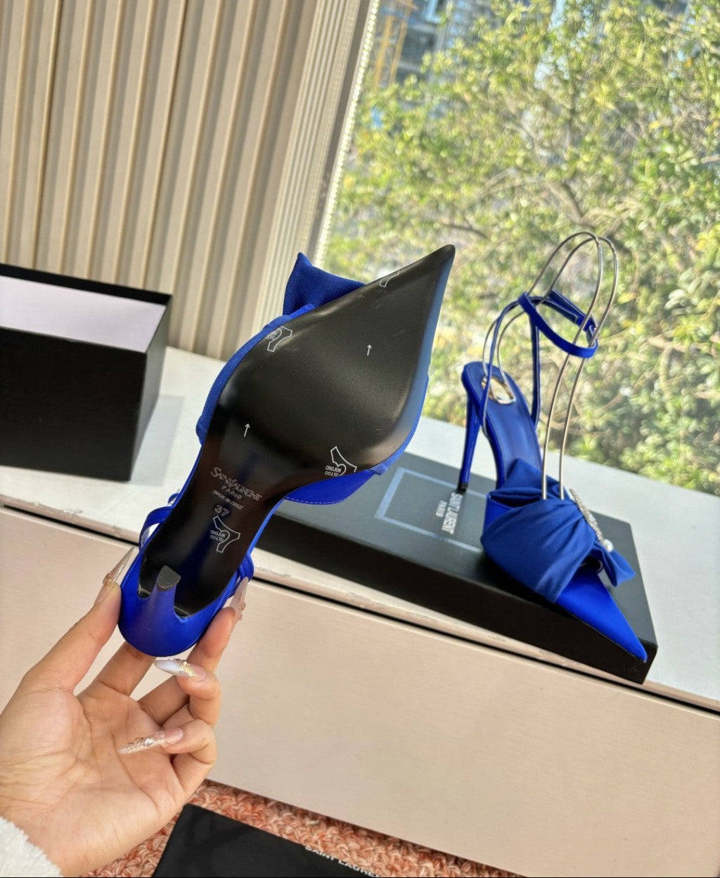 Saint Laurent Dove Sandals in Satin Crepe and Rhinestones Royal Blue