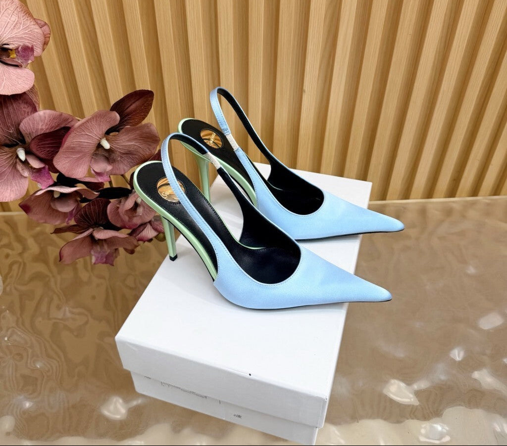 Saint Laurent Scarpin Slingback Deroche  Soft Blue & Pastel Green em  Crepe de Cetim