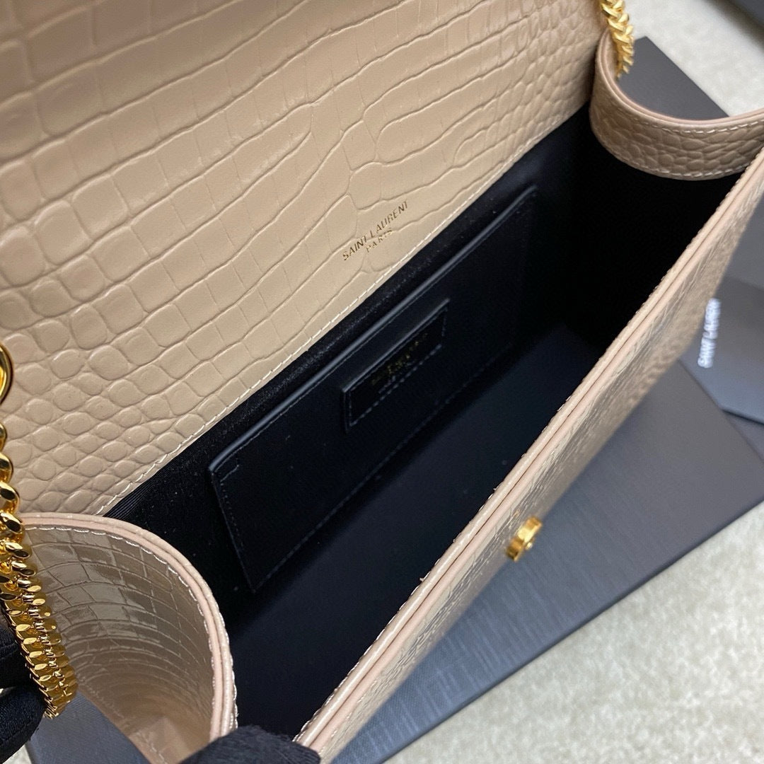 Saint Laurent Shoulder Bag Areia Dourada Croc Ferragens Douradas