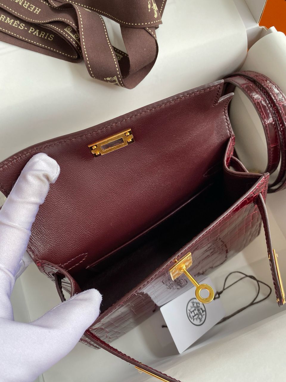 Hermes Burgundy Crocodile Gold Hardware Kelly Sellier