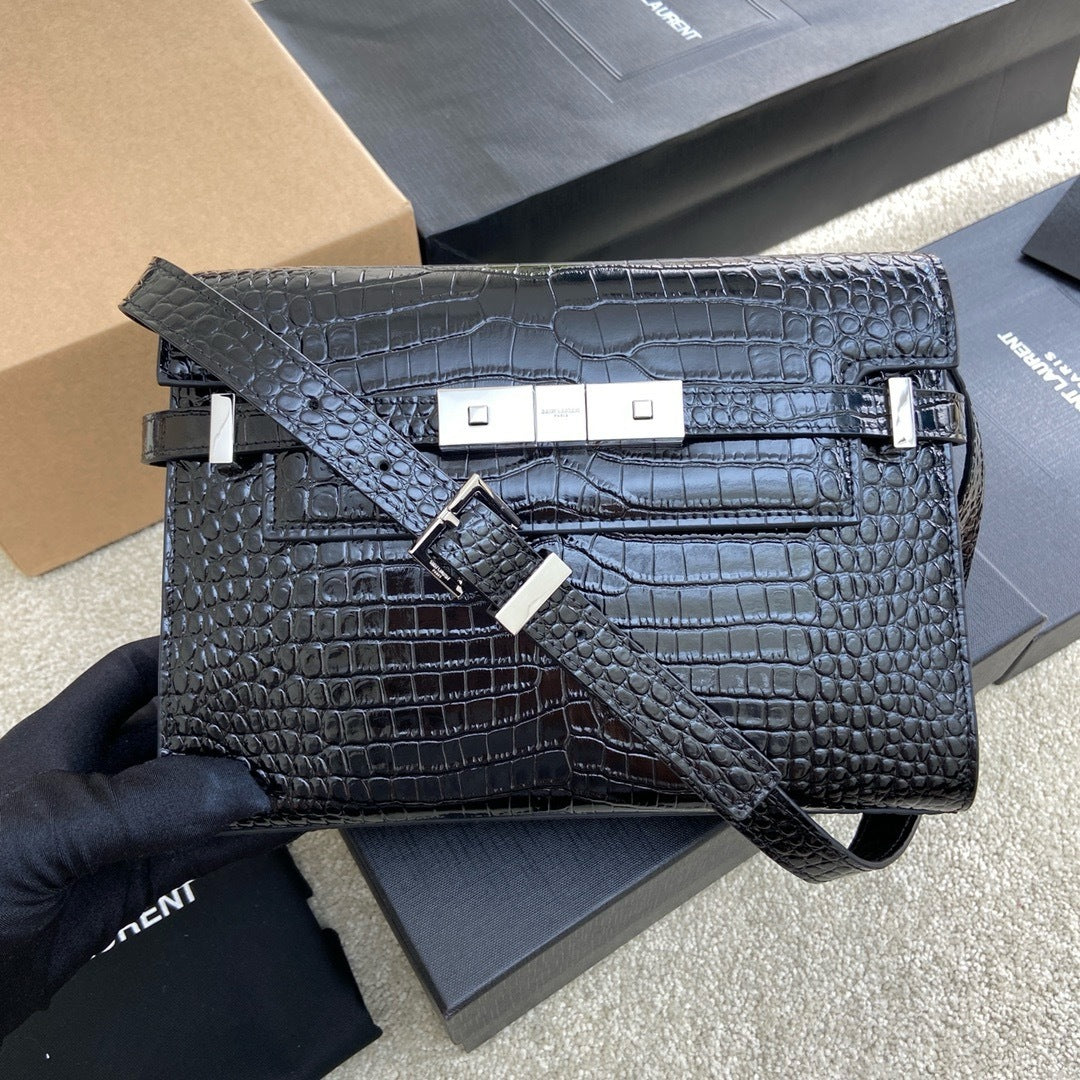 Saint Laurent Manhattan Small Shoulder Bag Croc Black Ferragens Prata