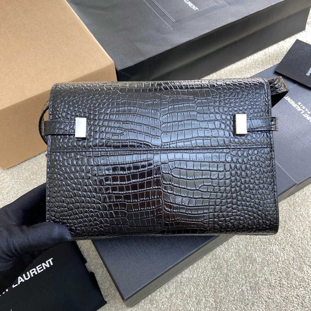 Saint Laurent Manhattan Small Shoulder Bag Croc Black Ferragens Prata