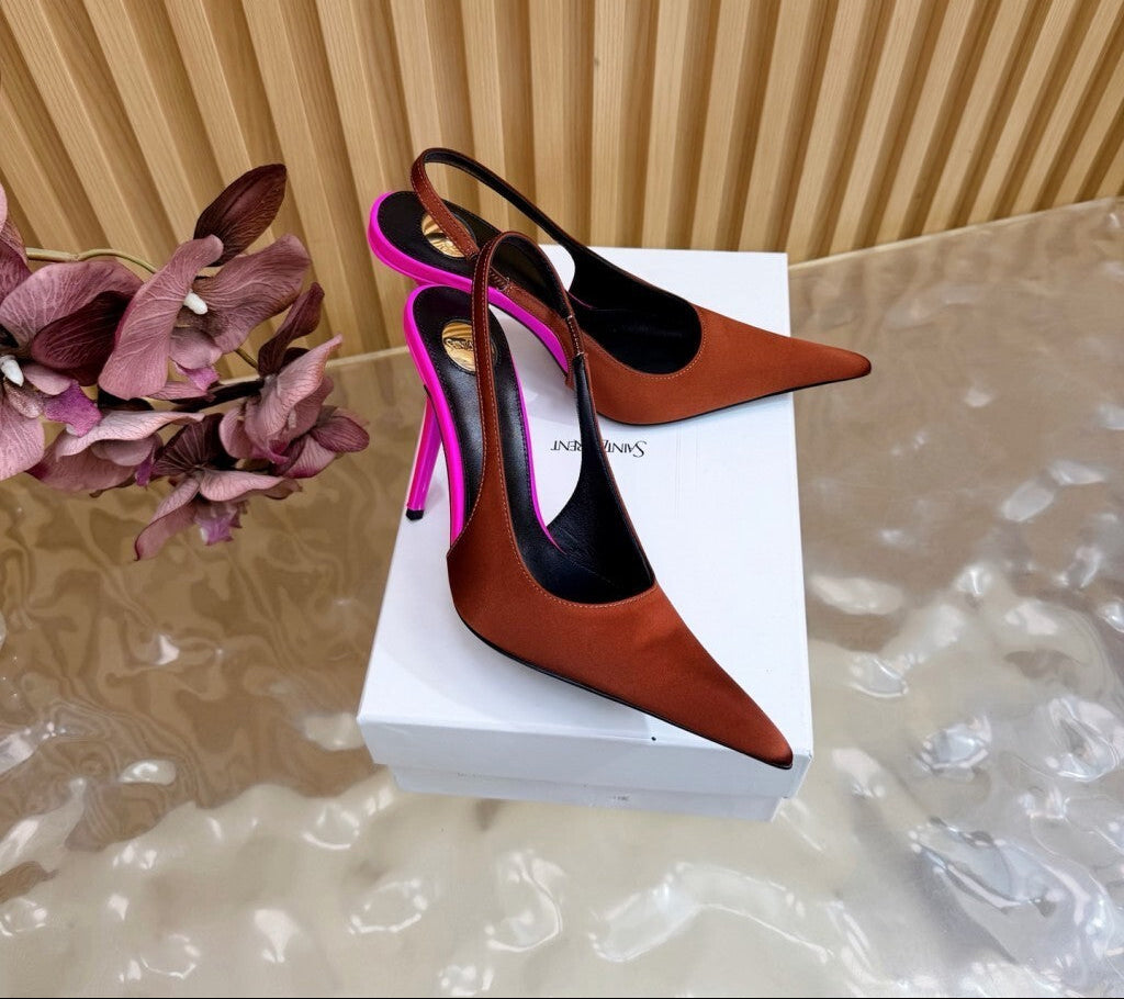Saint Laurent Scarpin Slingback Deroche  Dark Ruggine & Fuchsia em  Crepe de Cetim