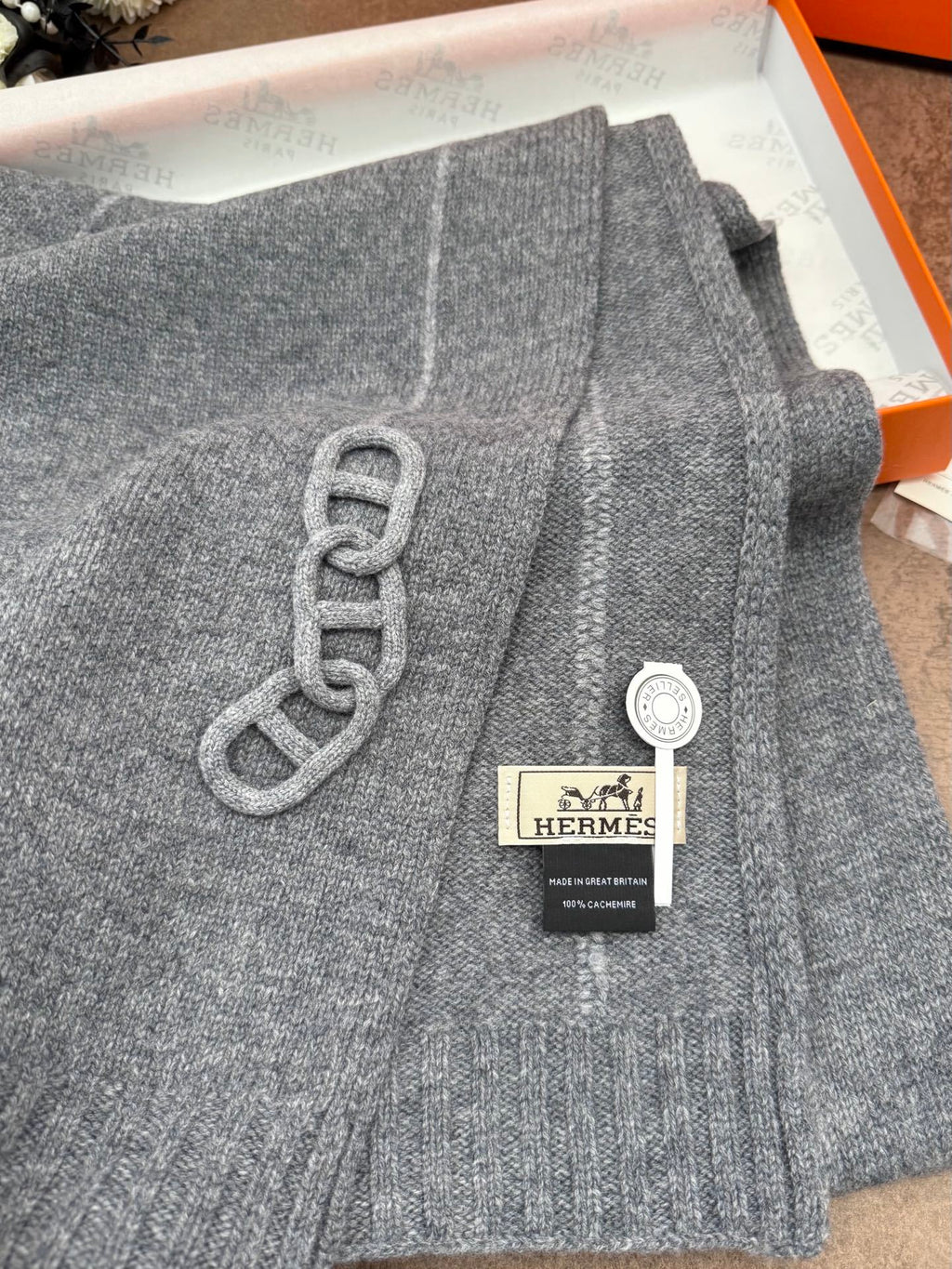 Cachecol Hermès Maillons Traces em Malha de Tricô Cinza-Mescla
