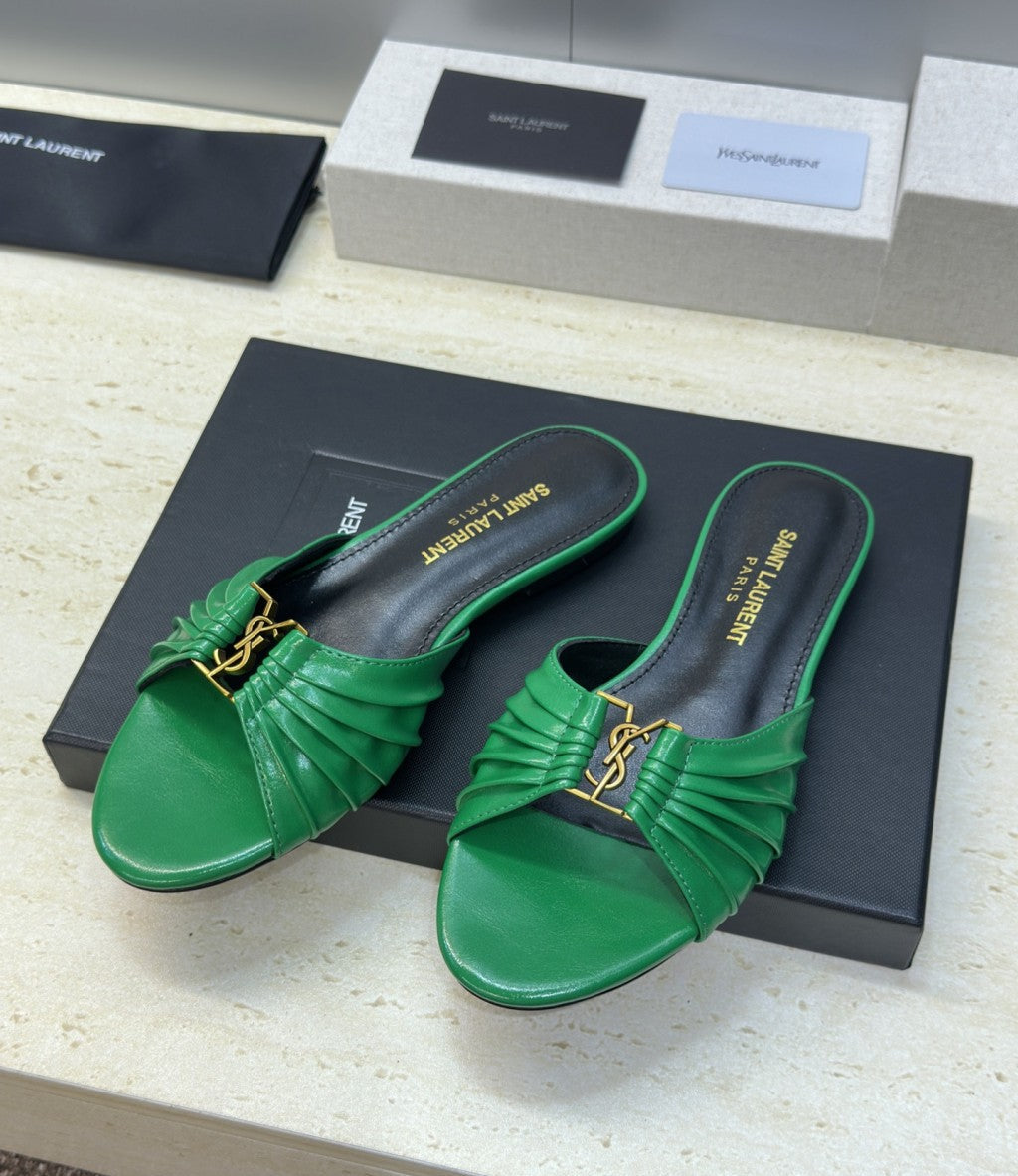 Saint Laurent Flat Slide Sandals Green Gold