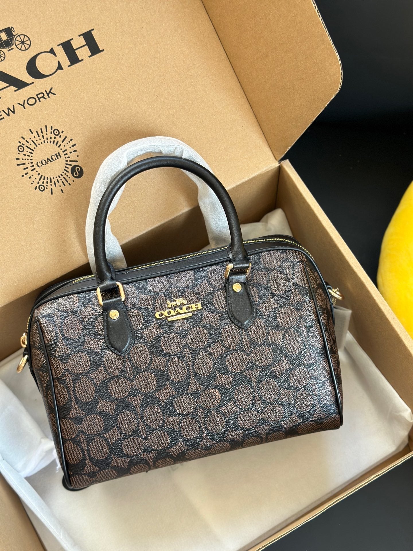 Coach Rowan Satchel Brown / Black Signature Canvas
