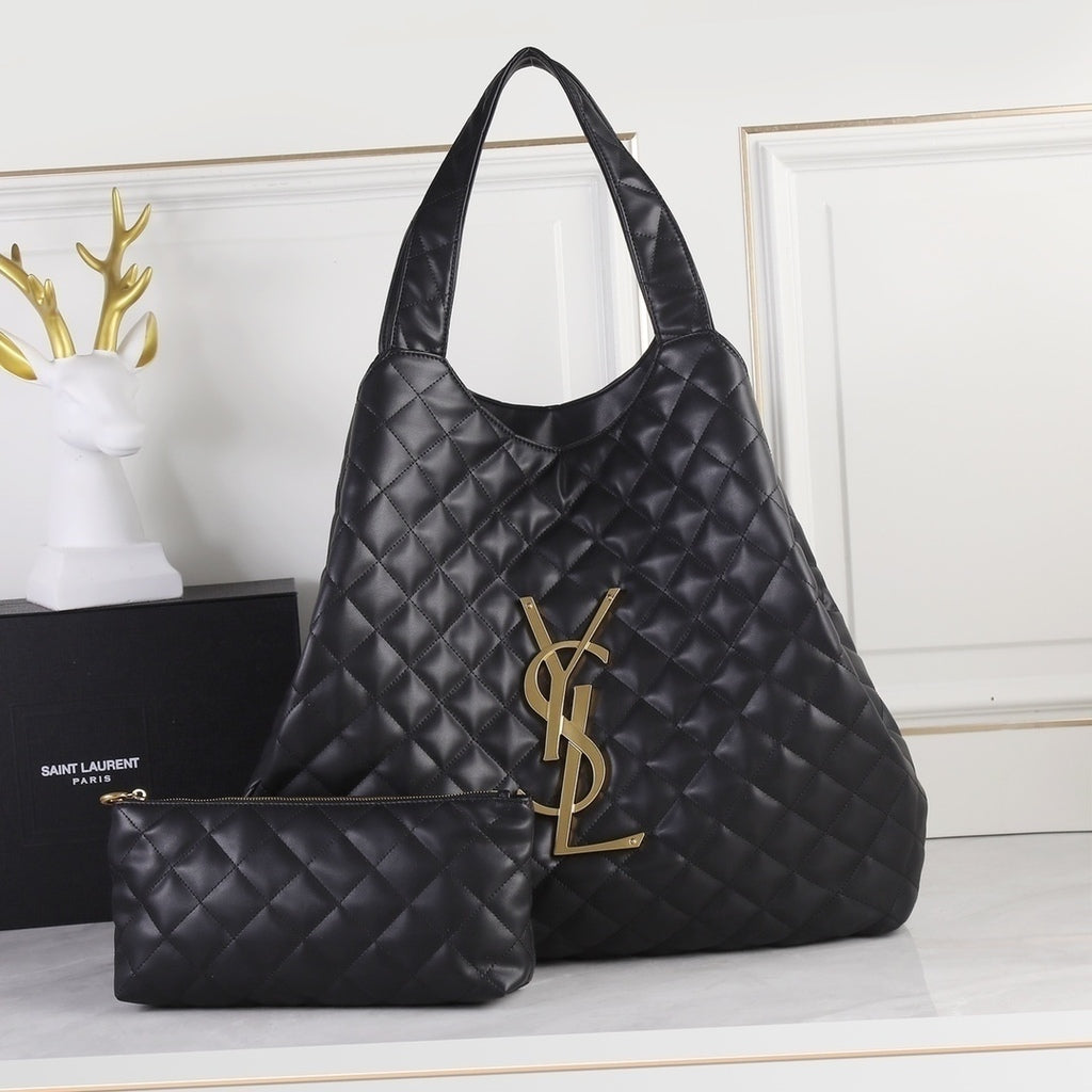 Saint Laurent Icare Maxi Tote Shopping Bag Black Ferragem Dourada