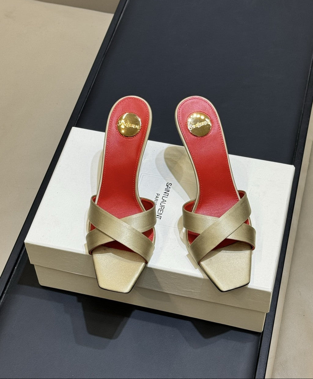 Saint Laurent  Mules Opyum Em Crepe De Cetim Rosa Envelhecido