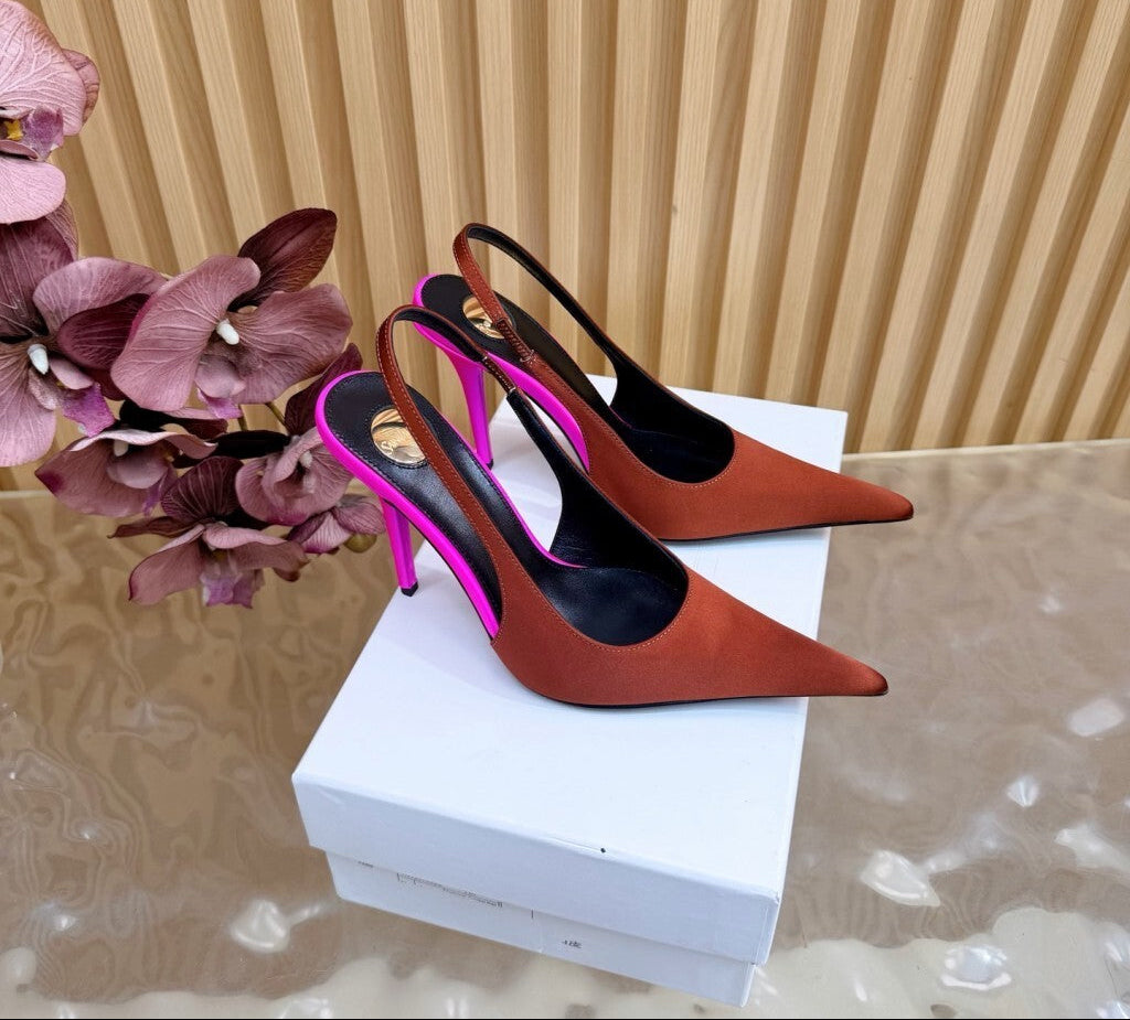 Saint Laurent Scarpin Slingback Deroche  Dark Ruggine & Fuchsia em  Crepe de Cetim