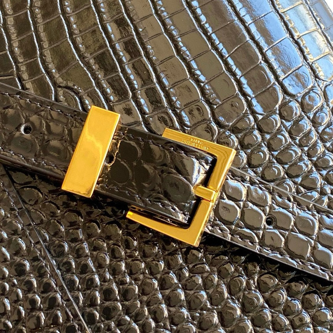 Saint Laurent Manhattan Small Shoulder Bag Croc Black Ferragens Douradas