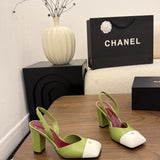 Chanel Slingback Block Heel  Olive Green & White  Patent. Salto 9 cm.