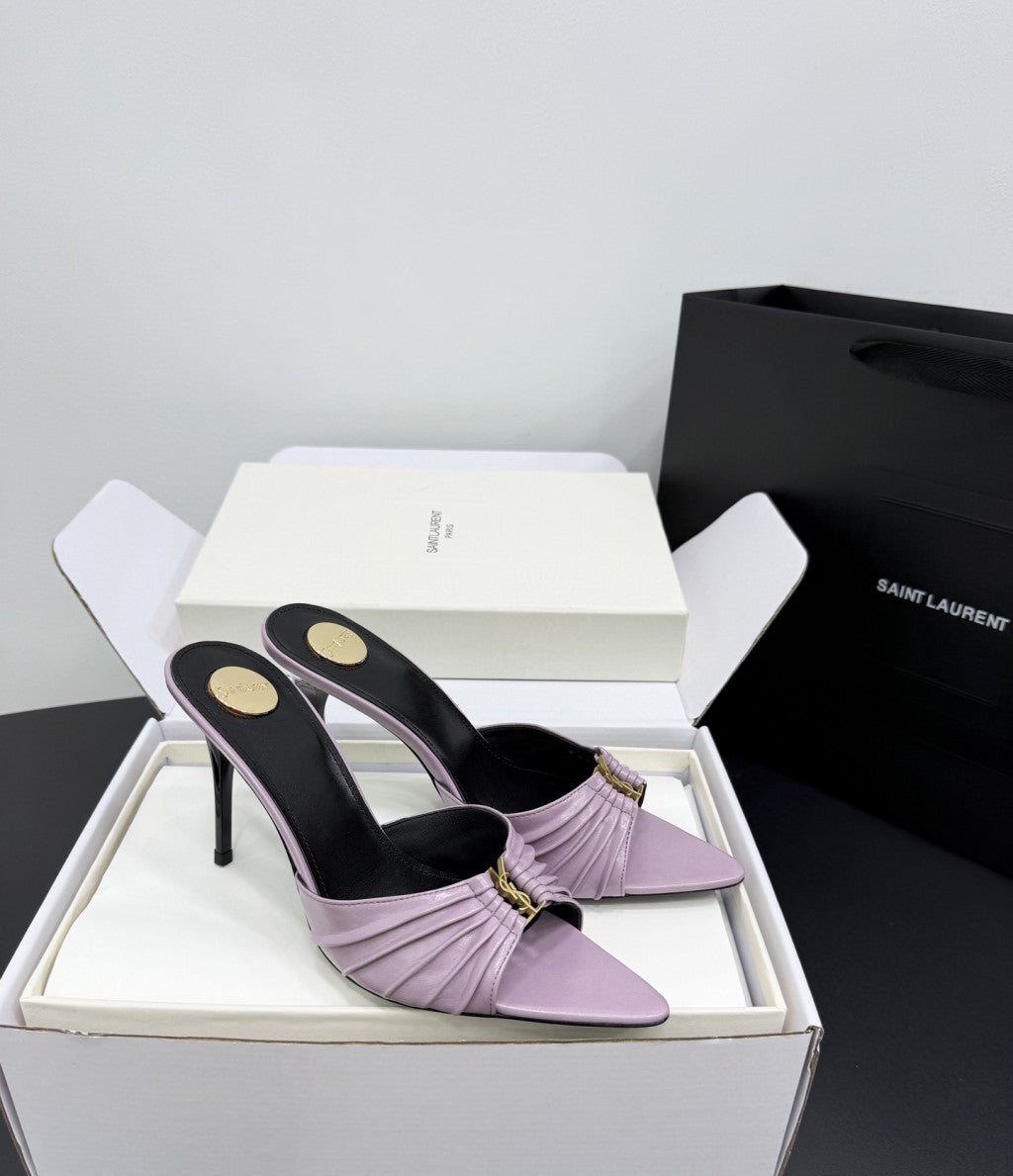 Saint Laurent Babylone Ruched Mules in Leather Lilac