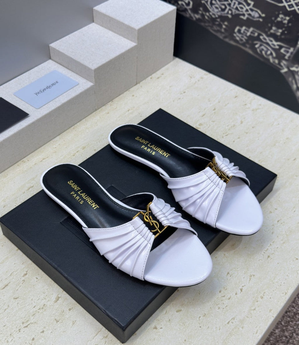 Saint Laurent Flat Slide Sandals White Gold